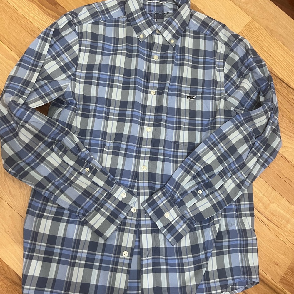 Vineyard Vines Navy and Light Blue Plaid Performance Shirt